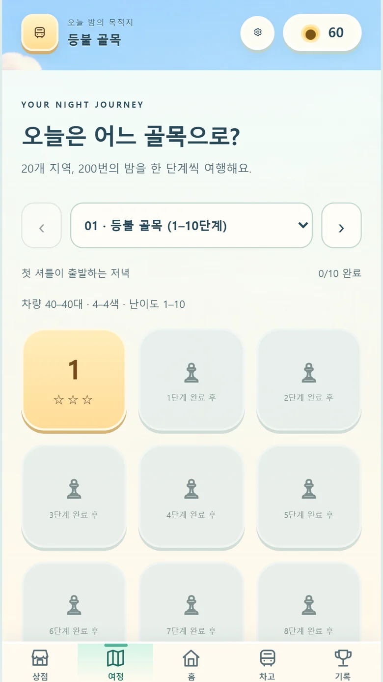 실제 여정 화면. 20개 지역, 200단계를 차례로 진행합니다.