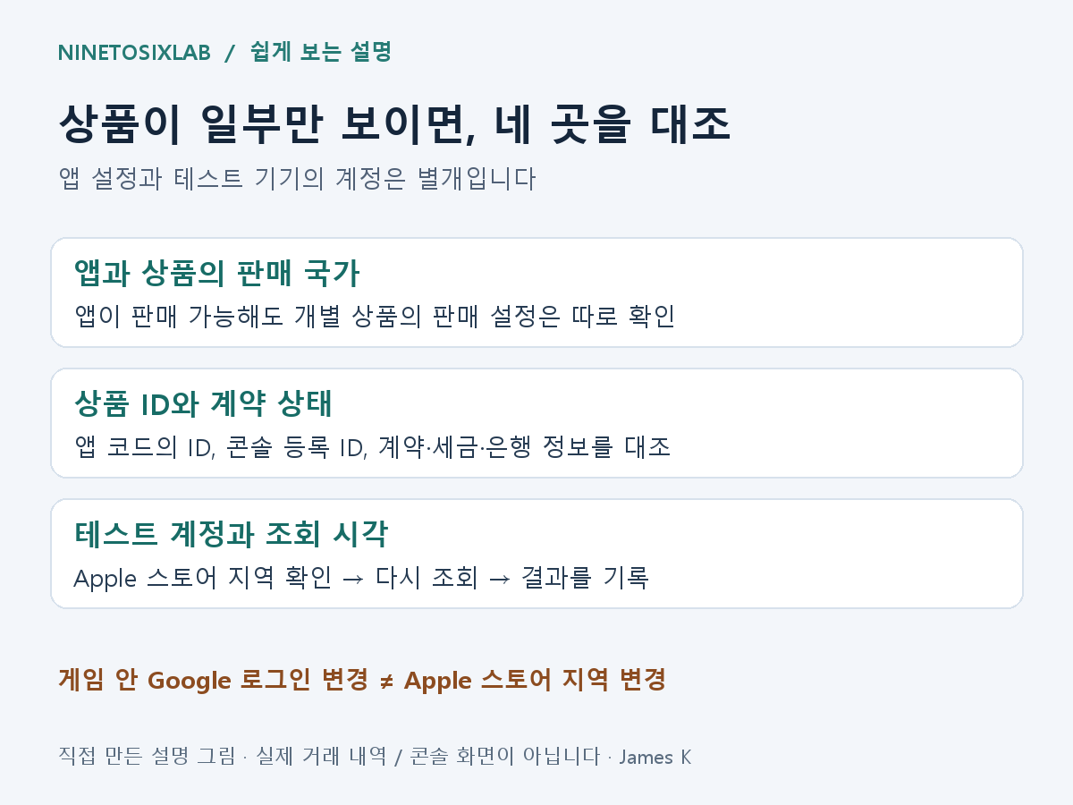 앱과 상품의 판매 국가, 상품 ID와 계약, 테스트 계정의 지역과 조회 시각을 구분