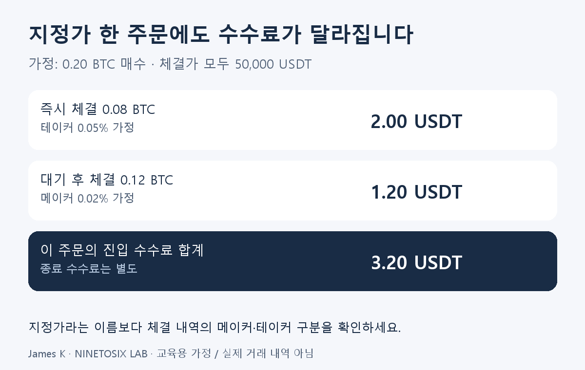 지정가 주문 0.20 BTC 중 테이커 0.08 BTC와 메이커 0.12 BTC의 진입 수수료 합계가 3.20 USDT인 가상 계산
