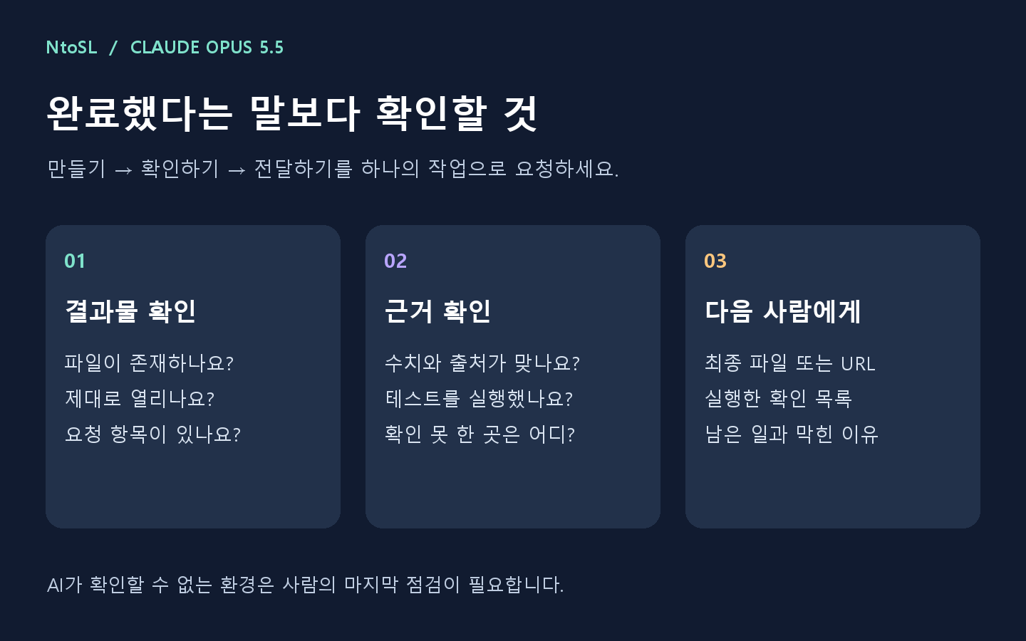 완료 확인 순서: 결과물 확인, 근거 확인, 다음 사람에게 전달