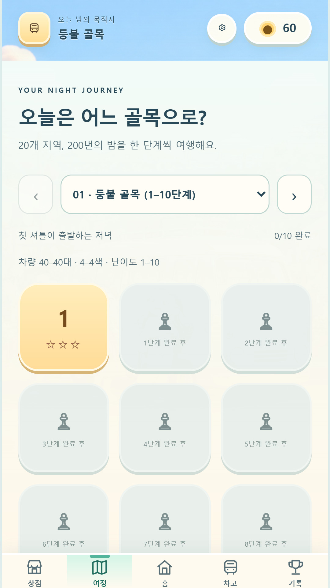 야시장 한입특급 여정 화면. 등불 골목의 단계별 완료 상황과 다음 단계가 표시된다