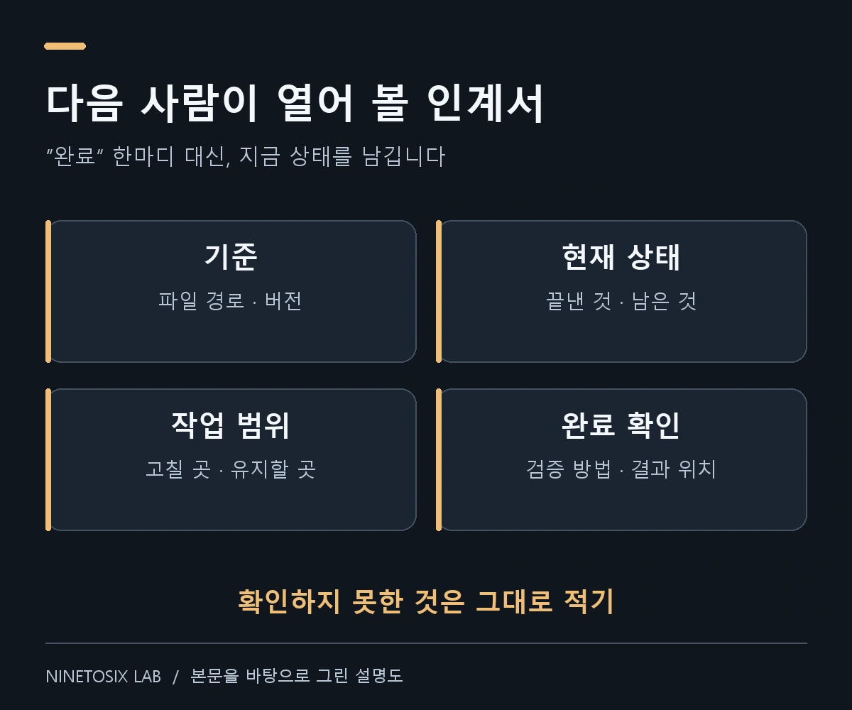 인계서에 담을 기준 파일, 현재 상태, 작업 범위, 완료 확인 네 항목